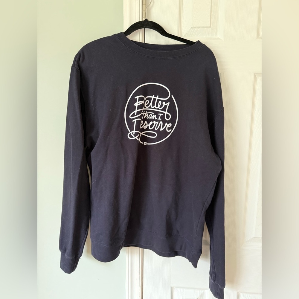 Dave Ramsey Better Than I Deserve Navy Blue Longsleeve Crew Neck Sweatshirt L
